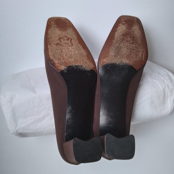 Stuart Weitzman Y2K Brown Sateen /Grosgrain Pumps Square Toe 3" Block Heels Sz 8 - Picture 5 of 10